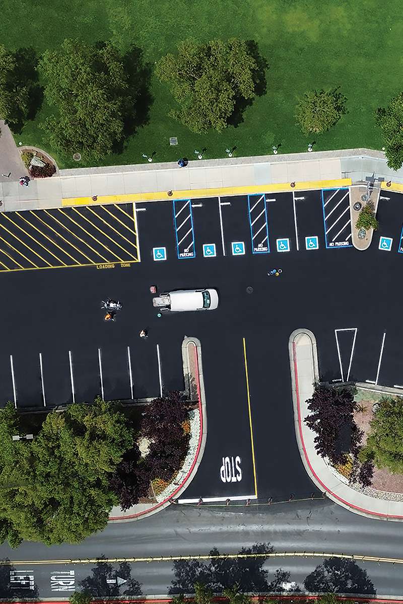 Pacific Surfacing arial photo of a parking with ADA stalls